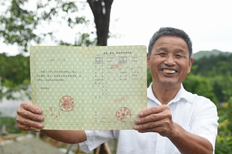 2017年6月13日，福建武平縣萬安鎮(zhèn)捷文村村民李桂林展示林權(quán)改革后領(lǐng)到的全國第一本新式林權(quán)證。