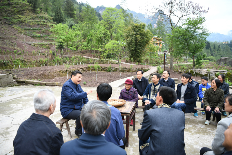 2019年4月15日至17日，中共中央總書記、國家主席、中央軍委主席習(xí)近平在重慶考察，并主持召開解決“兩不愁三保障”突出問題座談會(huì)。這是4月15日下午，習(xí)近平在石柱土家族自治縣中益鄉(xiāng)華溪村同村民代表、基層干部、扶貧干部、鄉(xiāng)村醫(yī)生等圍坐在一起，共話脫貧攻堅(jiān)。新華社記者 謝環(huán)馳 攝
